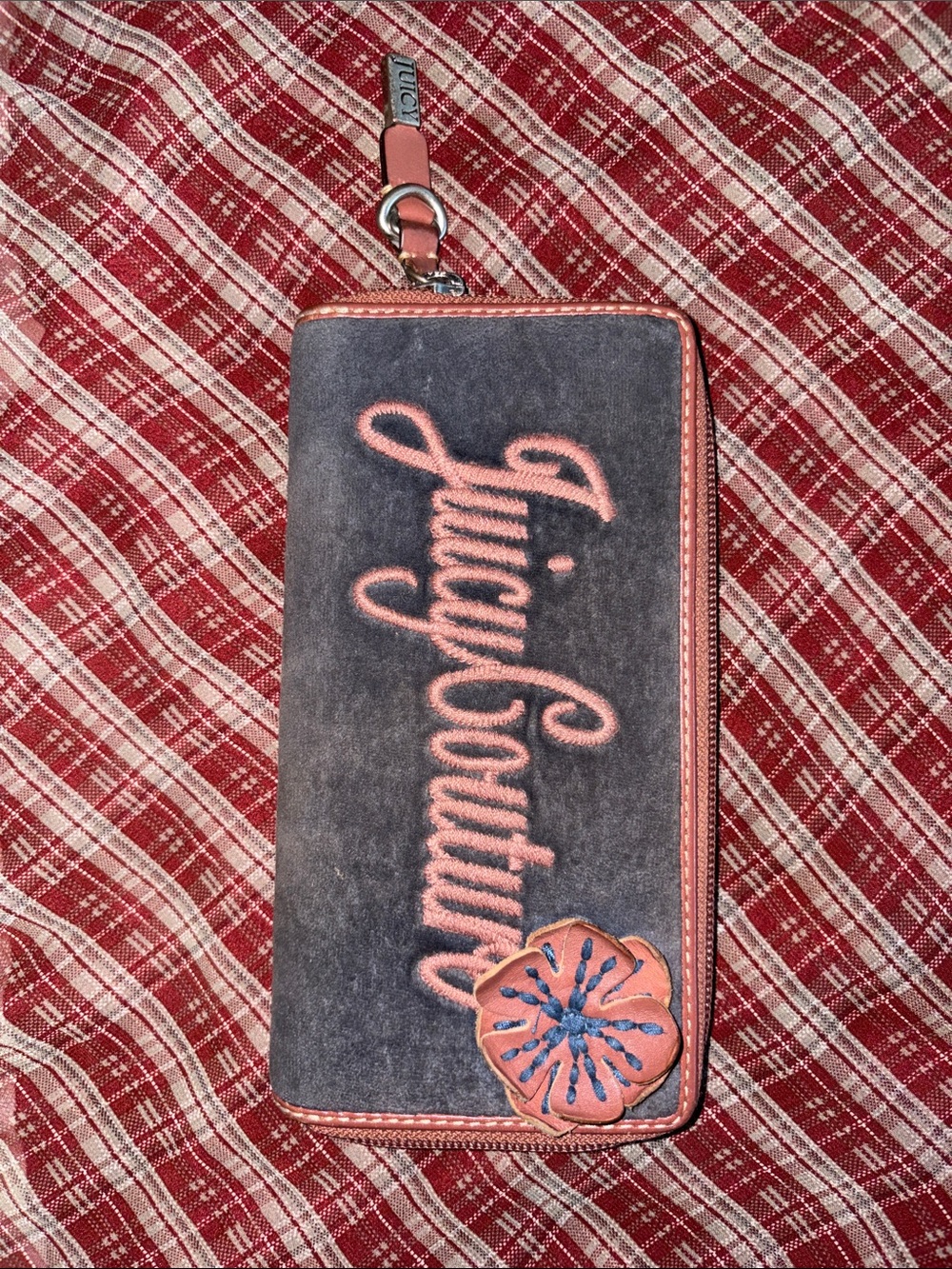 Juicy Couture Gray Wallet with Pink Trim and Blue Flower